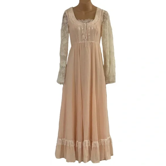 RARE Vintage Gunne Sax Full Skirt Boho Long Lace Up Corset Ruffled Maxi Dress - Picture 1 of 14